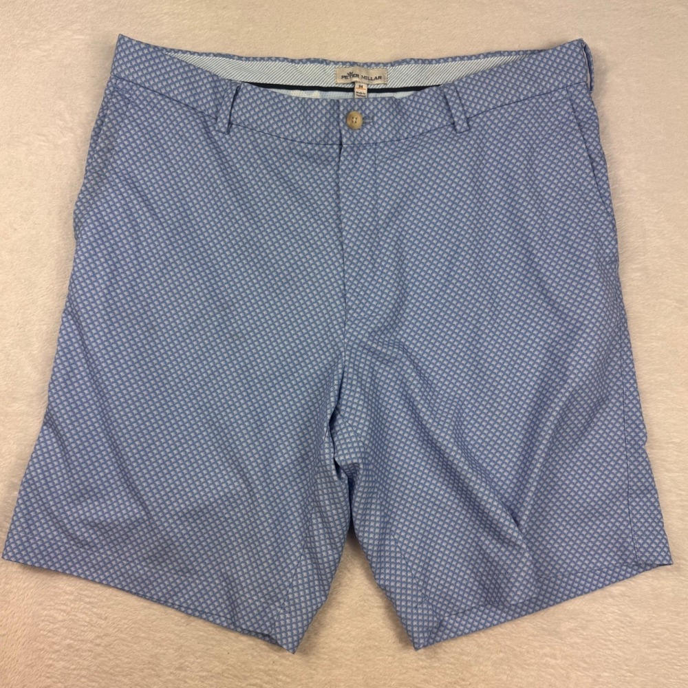 Peter Millar Mens 34 Blue Geometric Fan Print Performance Golf Shorts 9 Inseam
